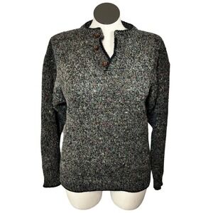 Wool Speckled Knit Mock Neck Button Sweater Women's Large Vintage Winter